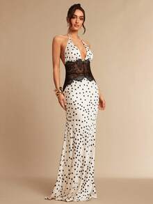 Silquee Đầm maxi gợi cảm, thanh lịch, cổ chữ V sâu, phối ren, lưng xuyên thấu, kiểu yếm, vạt đuôi cá, thích hợp cho hẹn hò, đi chơi, tiệc đêm, tiệc sang trọng, mặc hàng ngày, làm váy phù dâu, đi nghỉ mát, mùa cưới, tiệc cocktail, dạ hội. - trắng - Xem 4