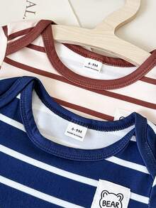 Playful Pals 两件套幼儿男童休闲条纹印花短袖连体衣，适合居家和户外玩耍，春夏款 - 彩色 - 查看 5