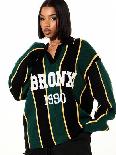 SUMWON WOMEN Oversized Dropped Shoulder Striped Long Sleeve Knitted Polo Sweater With Vintage Bronx Print