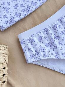 SHEIN Bộ bikini họa tiết hoa nhí buộc cổ yếm phối màu tương phản dành cho thiếu nữ, bộ bikini kín đáo. - Màu xanh lam - Xem 5