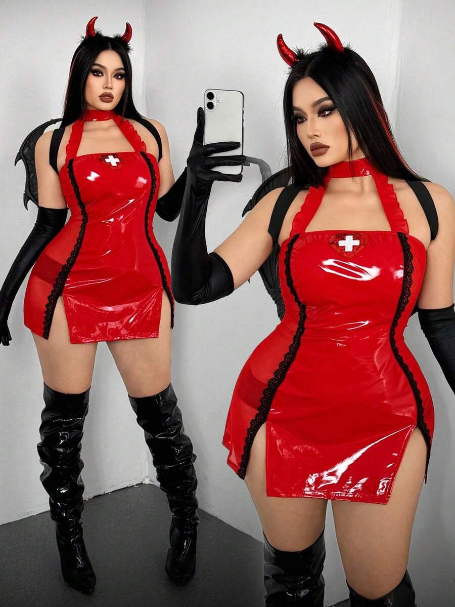 Whyspr 性感迷人的情人节角色扮演透视紧身红色连衣裙 - 紅色 - 查看 1