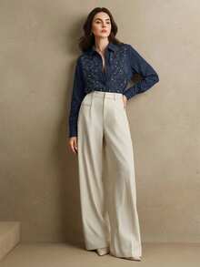 Anewsta Women's Linen Embroidered Long Sleeve Blouse, Elegant Vacation Shirt Top In Navy Blue, Indigo Blue, Gold With Rhinestones, Spring/Summer - Royal Blue - View 6