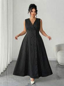 Elenzga Đầm maxi không tay hai hàng cúc kẻ sọc đen trắng cỡ lớn dành cho nữ, đầm dạ hội cổ chữ V, đầm dạ hội dài, đầm kẻ sọc dành cho nữ. - màu đen - Xem 7