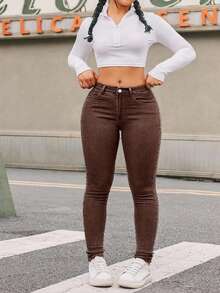 SHEIN ICON Damen Jeans in Große Größen mit Taschen, Skinny Fit, vielseitig einsetzbar - Kaffeebraun - Übersicht 4