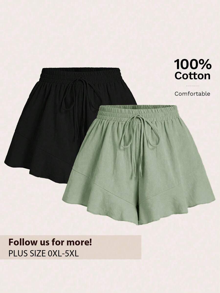 Elaquor Plus Size Solid Color Shorts With French Ruffle Hem - Multicolor - View 1