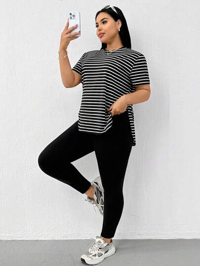 Shapeblank Plus-Size Women's Spring/Summer Fashion Casual Loose Stretch Comfortable Everyday Basic Versatile Slimming Short-Sleeved Striped Top And Black Skinny Jeans Two Pieces Set,Summer Clothes,Pants Set,Street Wear,Airport Outfits