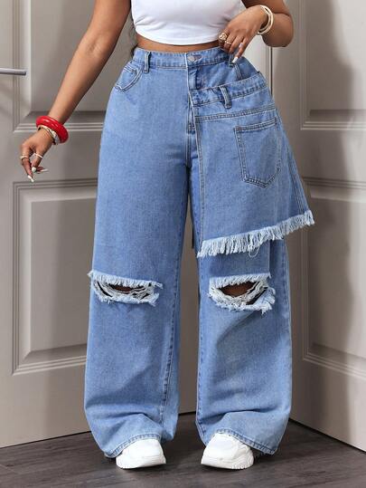 Slaydiva 大码女式休闲时尚街头风高腰宽松破洞拼接毛边阔腿牛仔裤