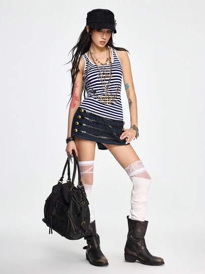 Grunge Punk Top aderente con decorazione di strass a tema ancora e righe blu navy in stile vintage Y2K