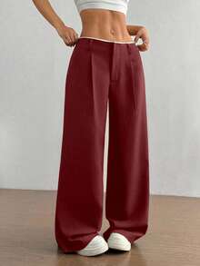 SHEIN Unity 2026年女士新年裤装，复古新潮百搭，适合工作和商务场合，直筒裤腰部拼接高端设计，显瘦红色裤子 - 紅色 - 查看 3