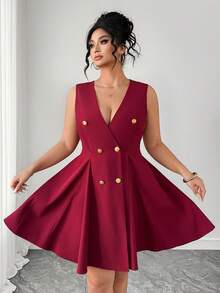 Elenzga Plus Size Women's Burgundy Sleeveless V Neck Pleated A Line Flared Midi Dress Elegant Woven Fabric - Burgundy - View 1