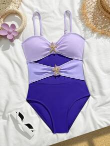 SHEIN 1件装女童撞色镂空设计弹力速干舒适针织面料海星装饰连体泳衣，适合海滩、泳池、冲浪、度假、夏季旅行 - 紫色 - 查看 2