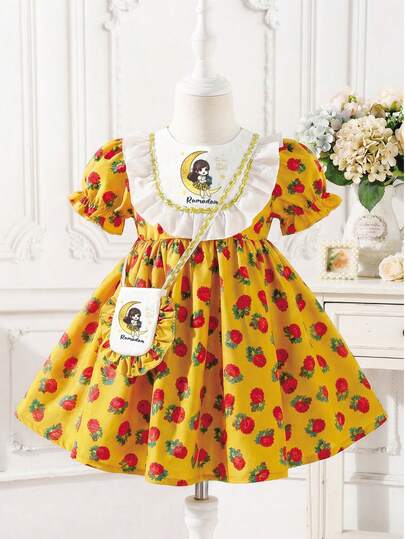 SHEIN Cute Baby Girl Yellow Rose Print Dress, Peter Pan Collar, Crescent Decor, Puff Sleeve Princess Dress, Middle East Festival Style Baby Dressرمضان  قرقيعان  فستان العيد  الملابس التقليدية العربية Toddler Yellow Dress Baby Girl Boho Dress Baby Arabic Clothing Baby Girls Clothing Collared Baby Girl Dress Yellow Dress For Baby Girl Baby Girl Princess Dress Baby Arabic Clothing Muslim Baby Clothes