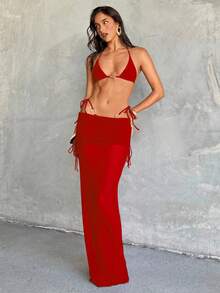 Aloruh 女士三件套比基尼套装，性感优雅浪漫红色金属装饰迷你三角罩杯挂脖上衣，迷你丁字裤下装，另配长款纱笼罩衫，春夏度假比基尼套装 - 紅色 - 查看 3