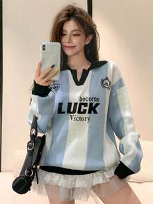 DAZY 女士撞色条纹字母提花套头衫、长袖上衣、秋装 - 藍色 - 查看 2