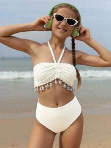 SHEIN 少女比基尼套装，可爱针织罗纹面料露背吊带短款上衣泳装套装，时尚优雅的欧美风格，适合度假、游泳、海滩、夏季穿着。 - 杏色 - 查看 7