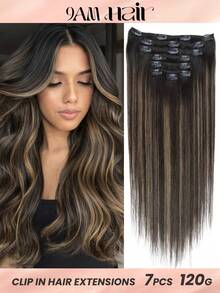 渐变自然黑带栗棕色夹式接发片，真人发，120克，7片装，直发，Remy发夹式接发片 - STP1B/6/1B - 查看 1