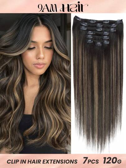 渐变自然黑带栗棕色夹式接发片，真人发，120克，7片装，直发，Remy发夹式接发片