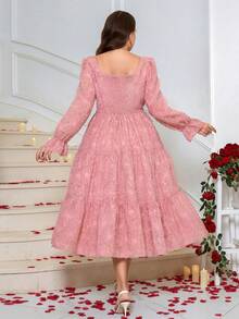 SHEIN Clasi Đầm dài tay thanh lịch, thắt eo bằng vải jacquard dành cho nữ cỡ lớn, thích hợp cho các buổi hẹn hò và tiệc tùng. - Hồng - Xem 7