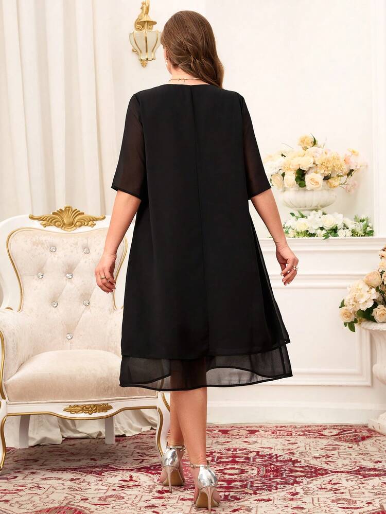 Plus Size Women Sequin Patchwork Round Neck Mesh Short Sleeve Elegant Dress