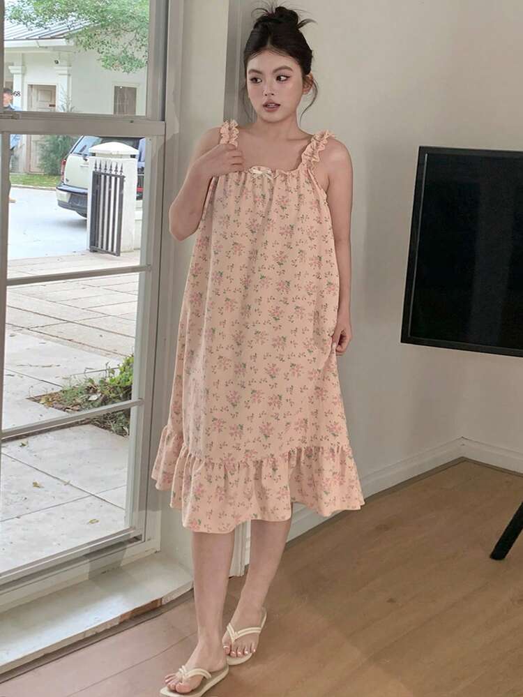 Dazy Plus Ditsy Floral Loose Fit Sleeveless Long Nightgown, Cute Loungewear