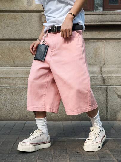 Manfinity Hypemode Men's Casual Loose Fit Printed Denim Wide Leg Shorts With Slant Pockets