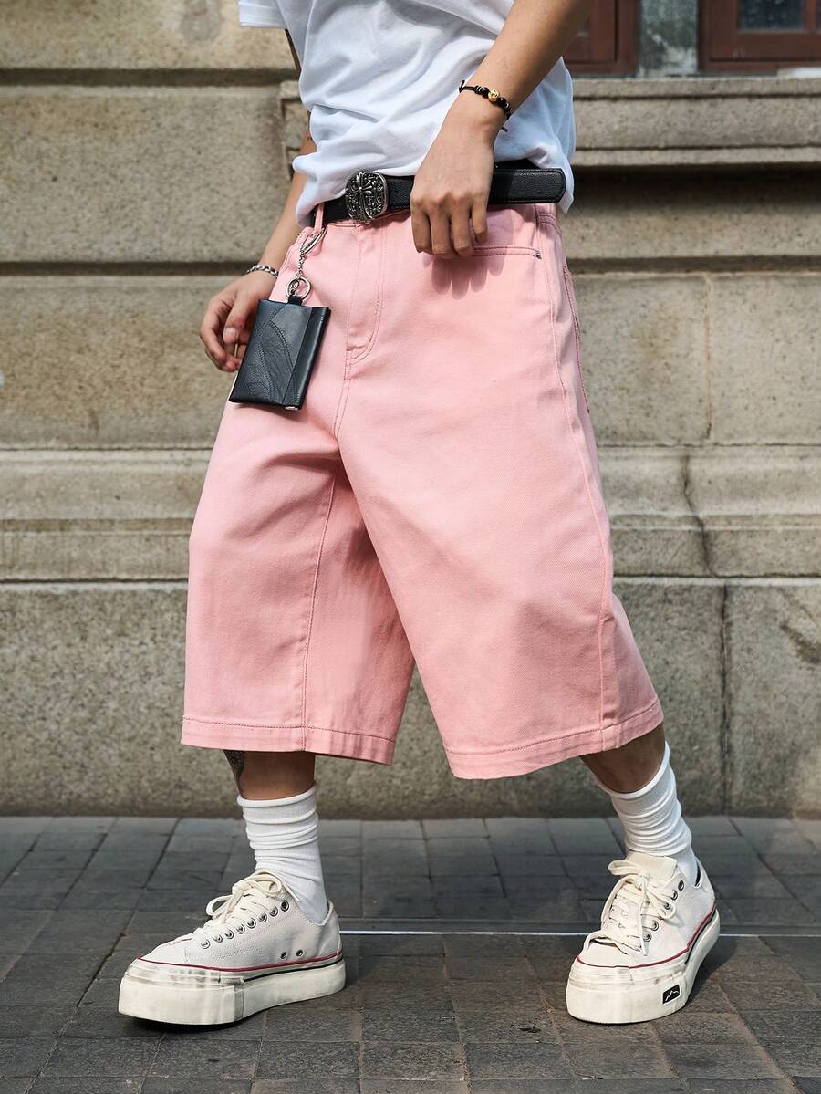 Manfinity Hypemode 男士休闲宽松印花牛仔阔腿短裤，带斜插口袋 - 粉色 - 查看 1