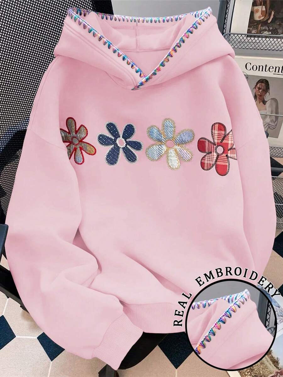 Resyla Áo sweatshirt nữ dáng rộng, in họa tiết hoa, vai rớt, thích hợp cho mùa xuân/thu, mặc hàng ngày, đi làm, đi nghỉ mát. - Hồng - Xem 1