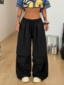 Coolane 女士休闲抽绳腰黑色梭织长裤 - 黑色 - 查看 1