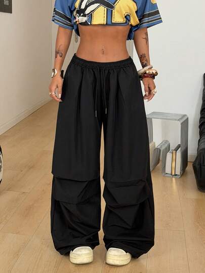 Coolane Women's Spring/Summer Streetwear Casual Sport Going Out Daily Wear Low Rise Baggy Drawstring Waist Black Woven Long Parachute Pants