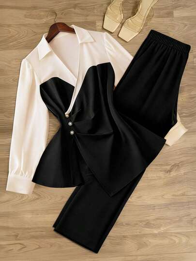GlowEve CURVE Women's Plus Size Elegant Polo Collar Colorblock Irregular Long Sleeve Shirt And Straight Leg Pants 2-Piece Set, Suitable For Spring, Summer, Autumn, Winter, Back To School, Party, Christmas, Wedding, Mother's Day, Music Festival, Commuting
