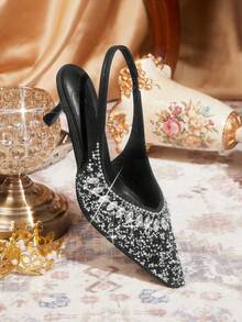 CUCCOO TILAWA Silver Toe Open Pointed-Toe Rhinestone Satin Wedding Heels For Women For Christmas Valentine's Day - Black - View 6
