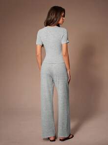 SHEIN European & American Style Fitted Short Sleeve Button-Up Top And Pants Casual Pajama Set - Grey - View 3