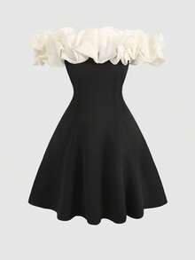 SHEIN Teen Girls' Off-Shoulder Puff Design Contrast Color A-Line Dress