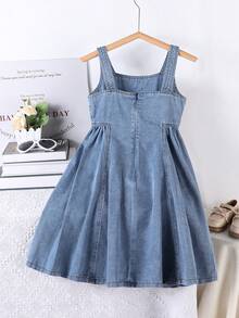 SHEIN Girls' Stylish Denim Suspender Dress, Soft Washed Denim Princess Dress, Summer New Design - Blue - View 2