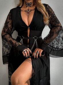 Whyspr Đầm in họa tiết ren chắp vá gợi cảm tay dài cổ chữ V thời trang - màu đen - Xem 1