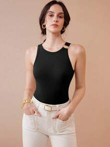 Uhlyne 女士针织纹理简约优雅休闲金属环露背性感吊带背心 - 黑色 - 查看 4