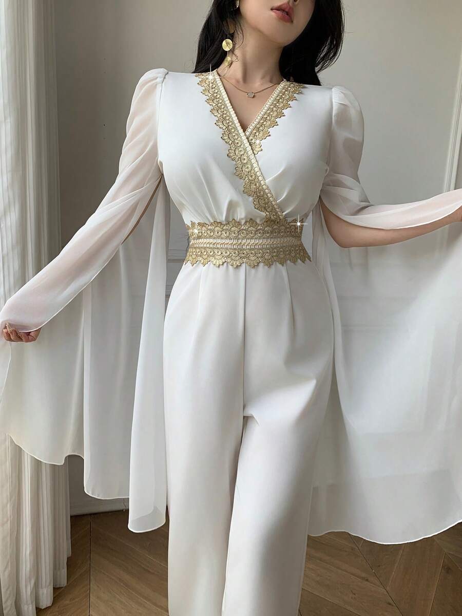 Celisse Women's Elegant Patchwork Ribbon Slit Sleeve Jumpsuit, Autumn