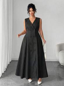 Elenzga Đầm maxi không tay hai hàng cúc kẻ sọc đen trắng cỡ lớn dành cho nữ, đầm dạ hội cổ chữ V, đầm dạ hội dài, đầm kẻ sọc dành cho nữ. - màu đen - Xem 1