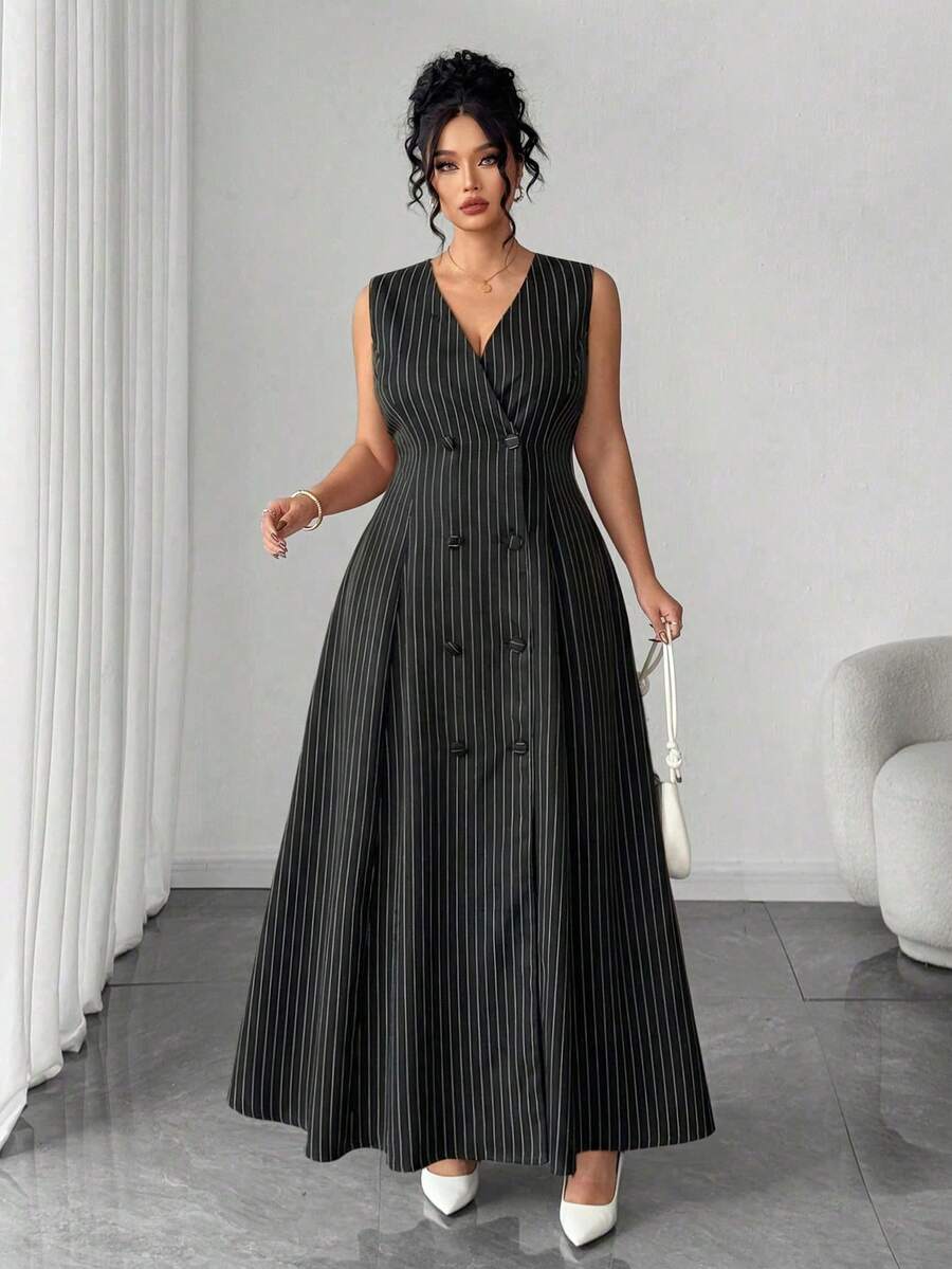 Elenzga Đầm maxi không tay hai hàng cúc kẻ sọc đen trắng cỡ lớn dành cho nữ, đầm dạ hội cổ chữ V, đầm dạ hội dài, đầm kẻ sọc dành cho nữ. - màu đen - Xem 1