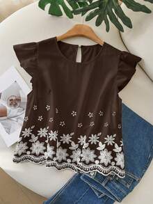 CosyJoli Plus Size Women Comfortable Cap Sleeve Embroidered Hem Blouse, White Casual Shirt For Commuting, Dating, Vacation, Spring/Summer - Brown - View 3