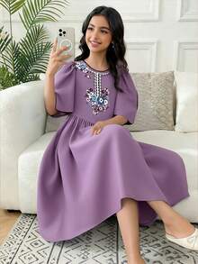 SHEIN Tween Girls' Casual Vacation Dress, Gray-Purple Lilac Dress Lavender Dress - Blue - View 1