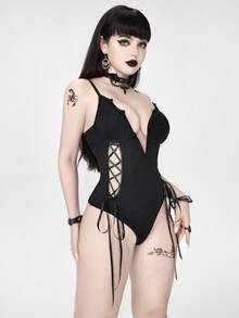 ROMWE Gothic Bat Hollow Out Lace-Up Bow Sexy Jumpsuit For Women - Black - View 5