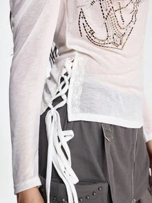 ROMWE Grunge Punk Spring/SummercasualAnchor Chain Print Rhinestone Embellished Off-Shoulder Bodycon T-Shirt - White - View 8