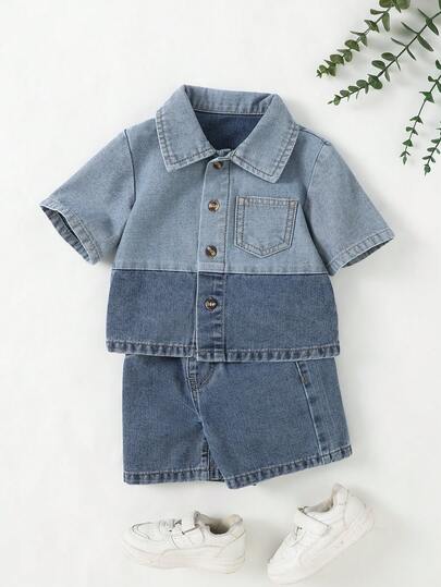 Bộ 2 món áo sơ mi và quần short denim phối màu cho bé trai.