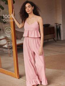 Lullawish 波西米亚风度假性感吊带荷叶边上衣和宽松直筒荷叶边长裤粉色春夏女士睡衣套装 - 粉色 - 查看 1