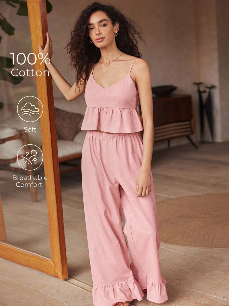 Lullawish 波西米亚风度假性感吊带荷叶边上衣和宽松直筒荷叶边长裤粉色春夏女士睡衣套装 - 粉色 - 查看 1