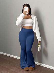 Slaydiva Solid High Waist Flare Leg Pants - Royal Blue - View 4