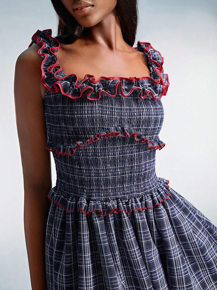 GENKIRA 复古法式/欧式风格方领格纹荷叶边收腰独特撞色青春泡泡下摆迷你无袖连衣裙 - 彩色 - 查看 1