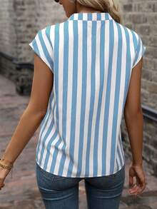 SHEIN Women's Striped V-Neck Cap Sleeve Casual Shirt - Blue - View 2