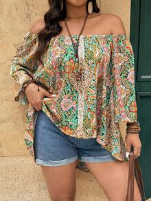 Breezaya 大码女式极简时尚梭织七分袖露肩复古宽松衬衫，适合休闲场合，包括女士上衣和衬衫、夏季波西米亚风穿搭以及夏季女式上衣。 - 彩色 - 查看 1